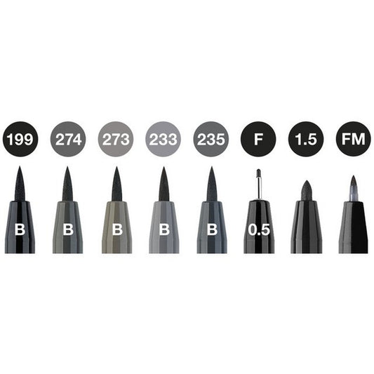 Faber-Castell Pitt artist pennenset in zwart en grijs, 8 stuks