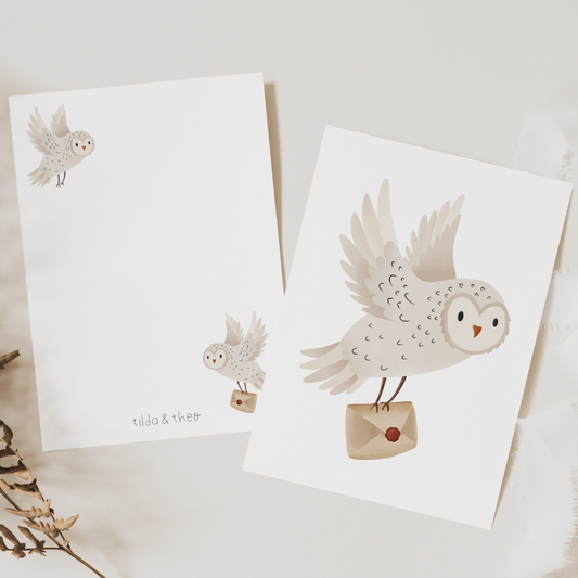 Carte Postale Chouette Harfang des Neiges avec Lettre Carte de Vœux Hiver Magie