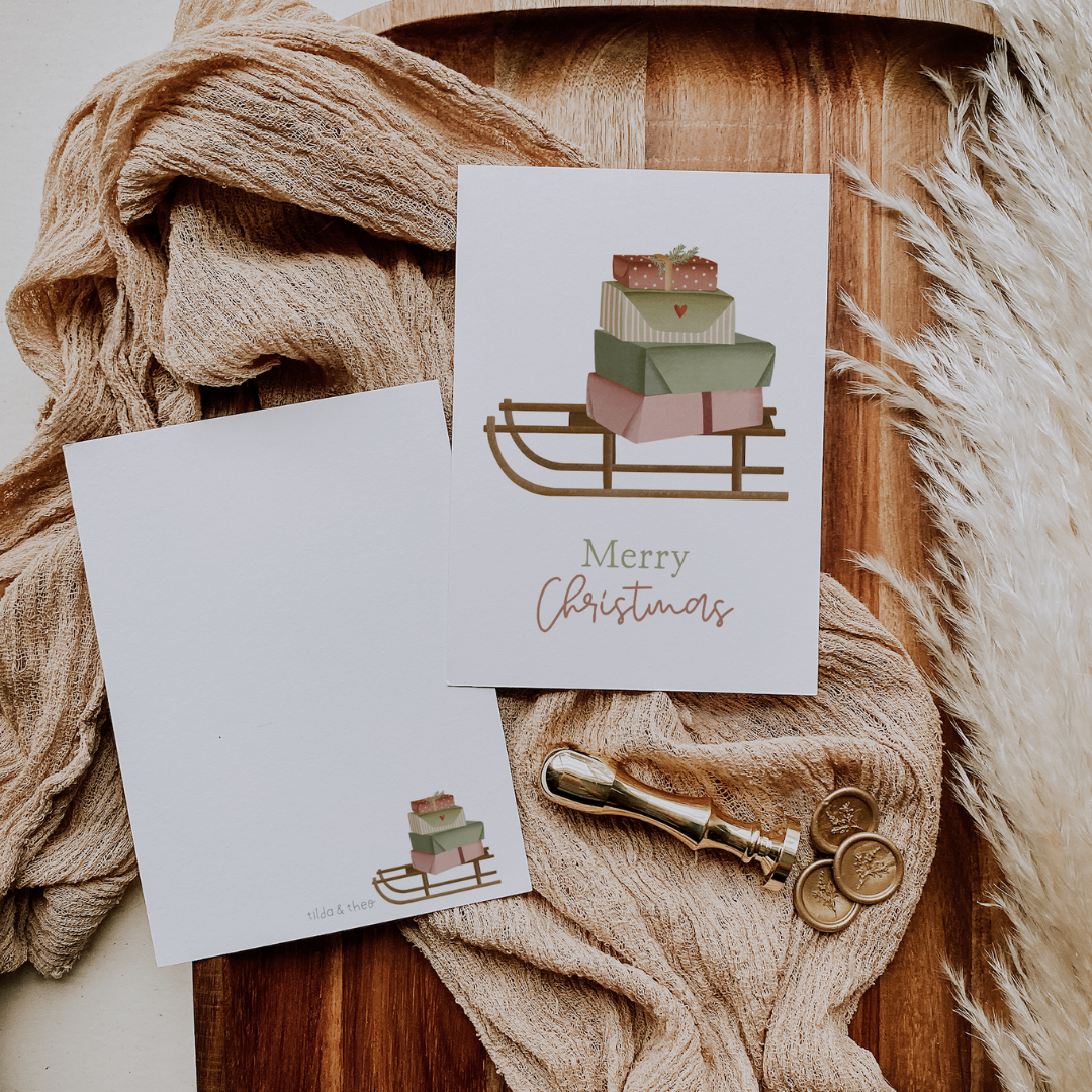Christmas card sleigh with gifts - Christmas postcard