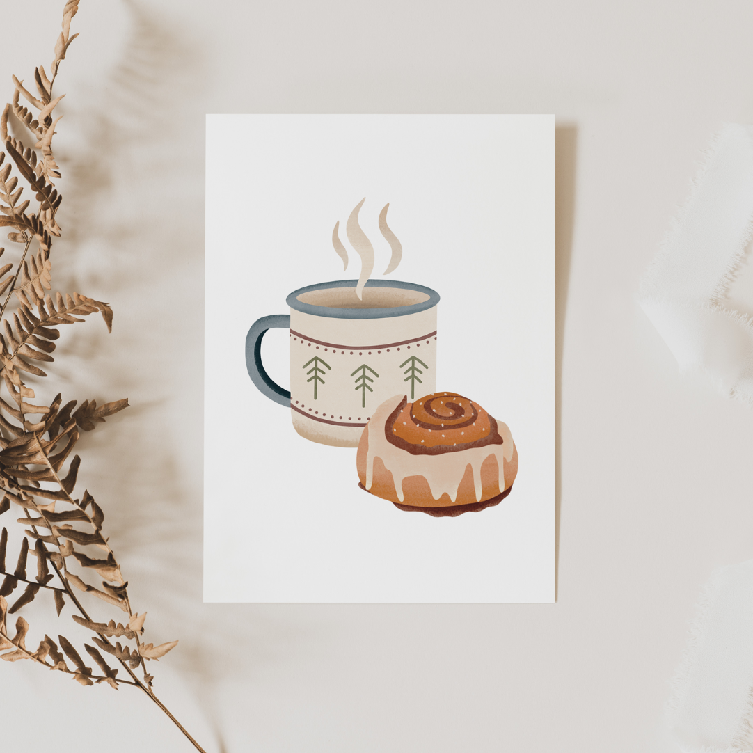 Postcard Camping Mug & Cinnamon Roll Norway Greeting Card