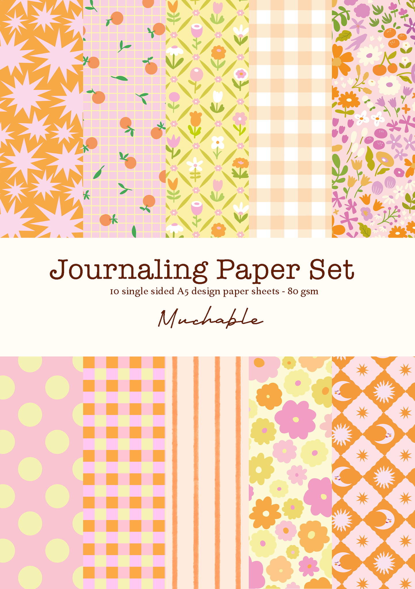 Journaling scrapbook paper set - 10 A5 printed/patterned sheets