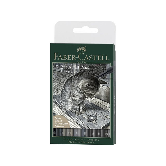 Faber-Castell Pitt artist pennenset in zwart en grijs, 8 stuks