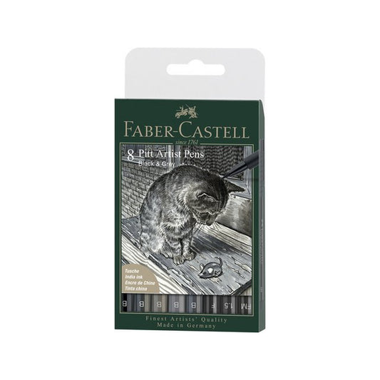 Faber-Castell Pitt artist pennenset in zwart en grijs, 8 stuks