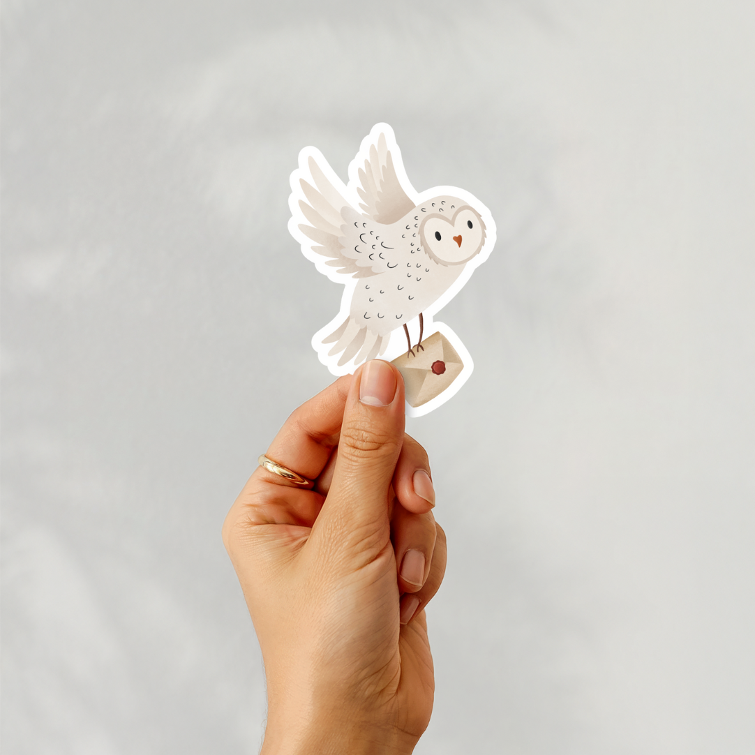 Owl sticker vinyl decal snowy owl with letter - water bottle sticker - reading magic gift owl waterproof animal sticker