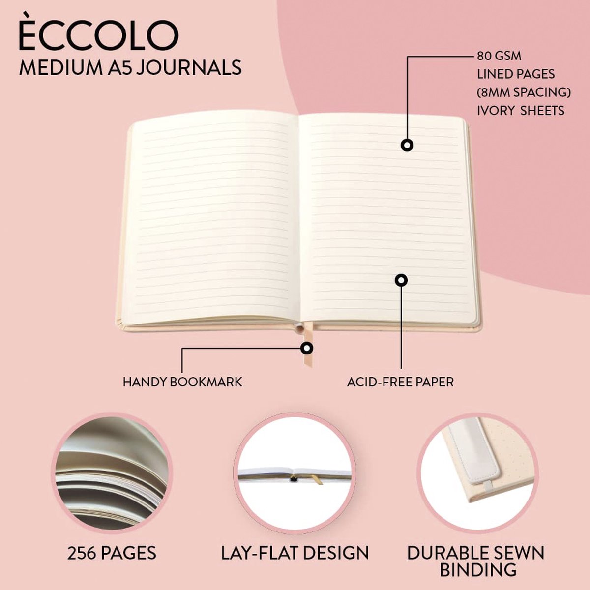 Notitieboek Eccolo met pen en houder Pink lijn