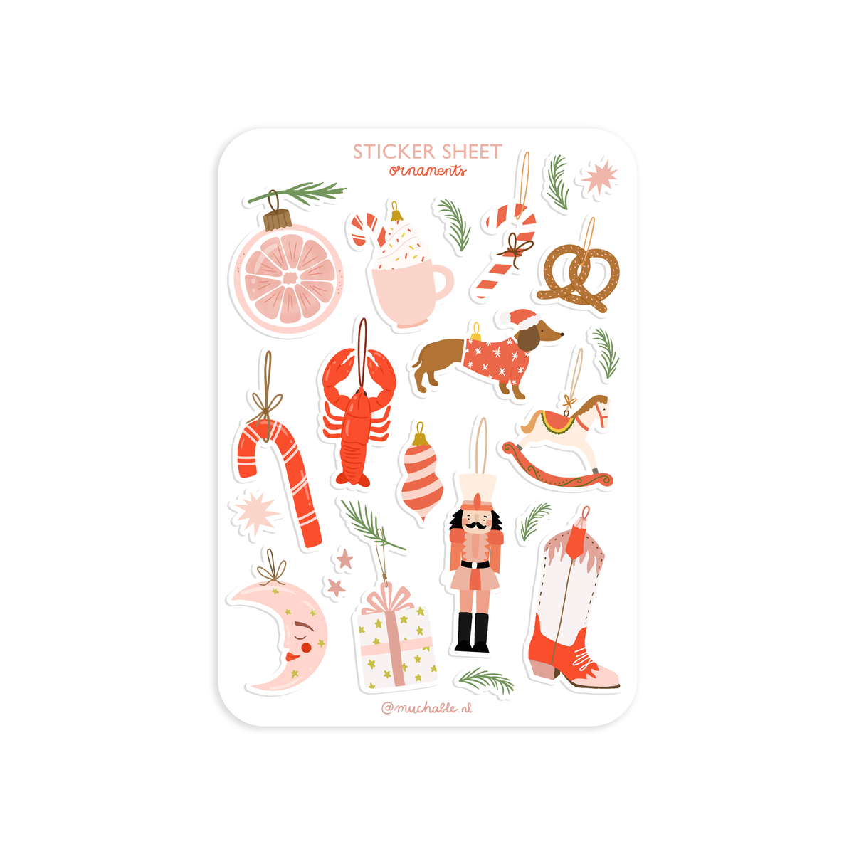 Planche d’autocollants A6 – décorations de Noël roses/rouges