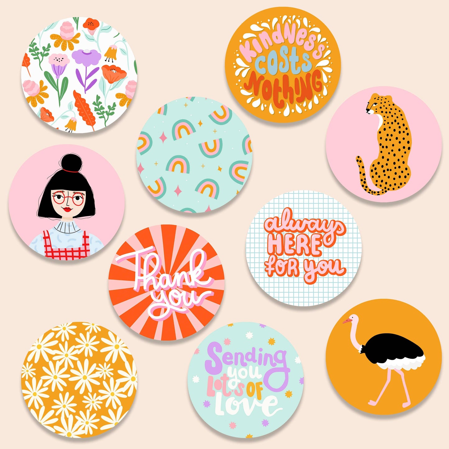 Set of 10 round fun , colourful stickers - muchable x nienke