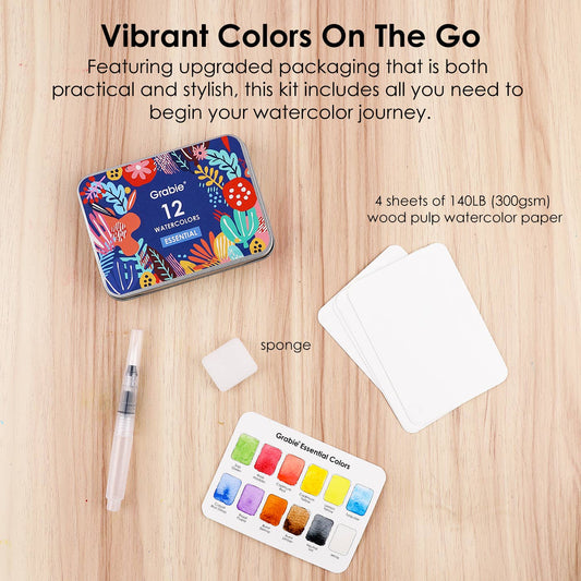 Grabie Watercolor Pocket Set Of 12 With Brush & paper - Essential Colors