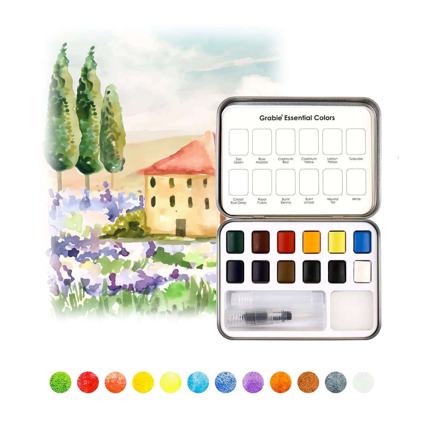 Grabie Watercolor Pocket Set Of 12 With Brush & paper - Essential Colors