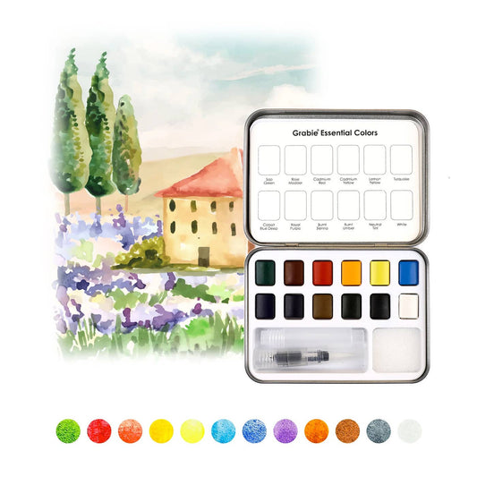 Grabie Watercolor Pocket Set Of 12 With Brush & paper - Essential Colors
